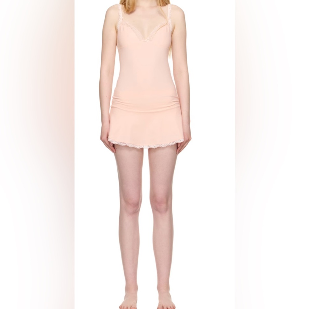 SKIMS Pink Cotton Jersey Lace Slip Dress